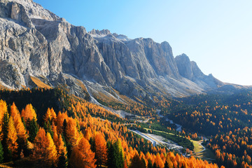 Autumn landscape in Passo Gardena, South Tyrol, Dolomites, Italy