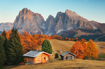 Autumn landscape of Seiser Alm, the largest high-altitude alpine meadow in Europe, Dolomites, Italy