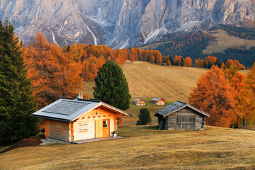 Autumn landscape of Seiser Alm, the largest high-altitude alpine meadow in Europe, Dolomites, Italy © Rechitan Sorin