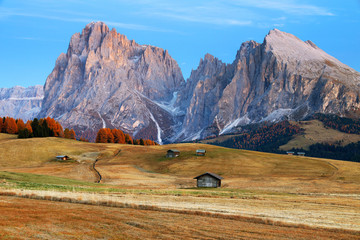 Autumn landscape of Seiser Alm, the largest high-altitude alpine meadow in Europe, Dolomites, Italy