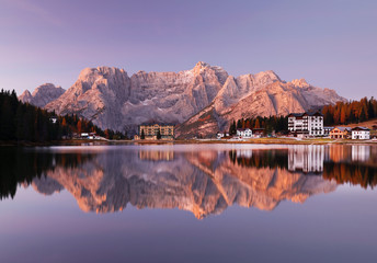 Sorapis Peak reflected in Misurina Lake in late autumn, Dolomites, South Tyrol, Italy