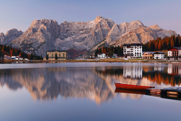 Fototapeta premium Misurina Lake in late autumn, Dolomites, South Tyrol, Italy