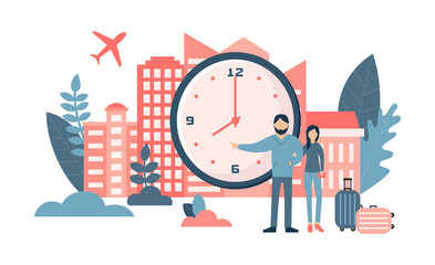 Travel concept. Classical travel persons concept. Happy couple travel together near big clock.