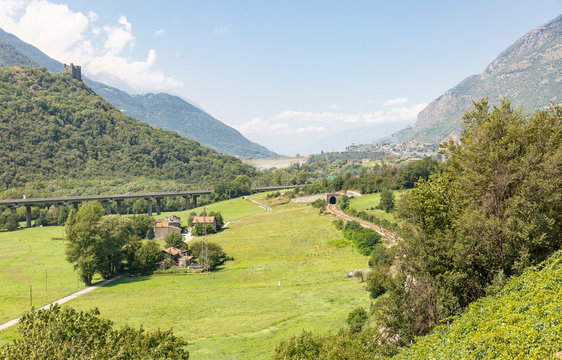 a view of the Aosta Valley in Chatillon, highway and railway, Italy