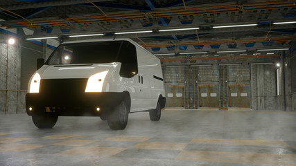 Empty garage with White Delivery Van, 3d illustration