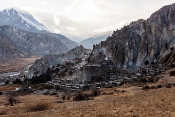 Buddhist monastery in the mountain village Braga (Braka) in Nepal, Himalayas, Annapurna Conservation Area