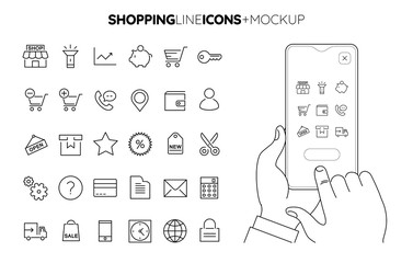 Trendy line Shopping icons collection with line hands holding smartphone mockup