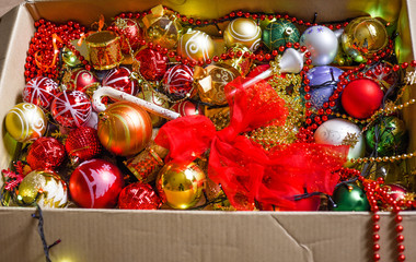 Christmas decorations for Christmas tree in a box, preparation for the holidays. Christmas tree decoration. christmas concept
