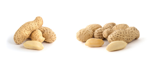 Dried peanuts on the white background.