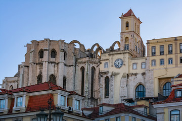 Building architecture seen from Calcada Do Duque street in the Old town of Lisbon, top tourists attraction in Portugal