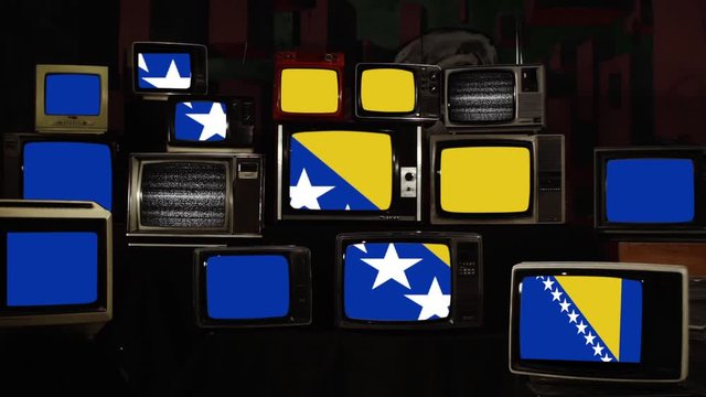 Flag of Bosnia and Herzegovina and Retro TVs. Zoom In.