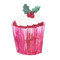 Red Christmas cupcake with airy white cream holly decoration. Watercolor hand drawn illustration