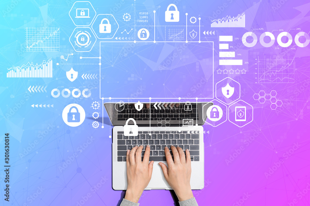 Poster cyber security theme with person using a laptop computer