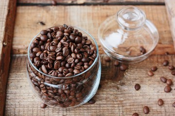 Roasted coffee beans in a glass jar