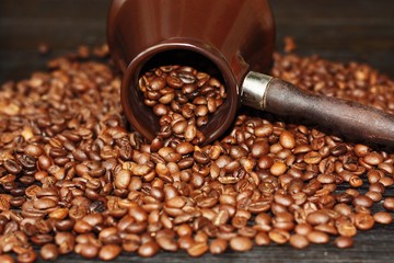 Roasted coffee beans in Turka on the table 