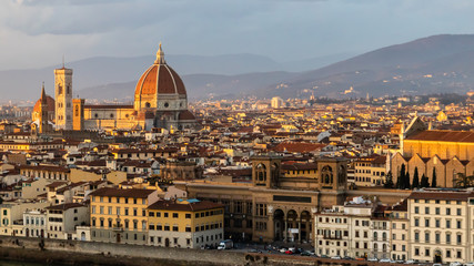 Florence skyline including The Duomo cathedral during golden hour before sunset