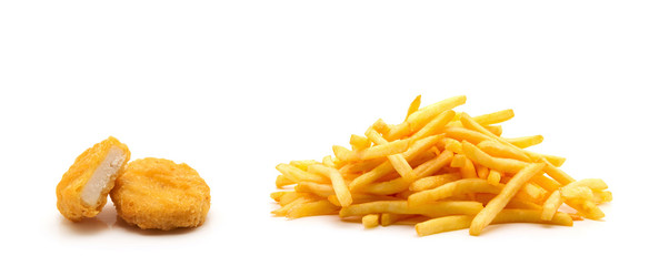 Fototapeta premium chicken nuggets and french fries on white background