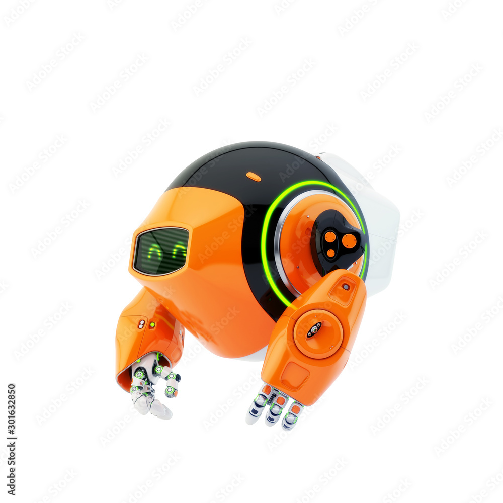 Poster aerial drone character with functional arms, 3d rendering