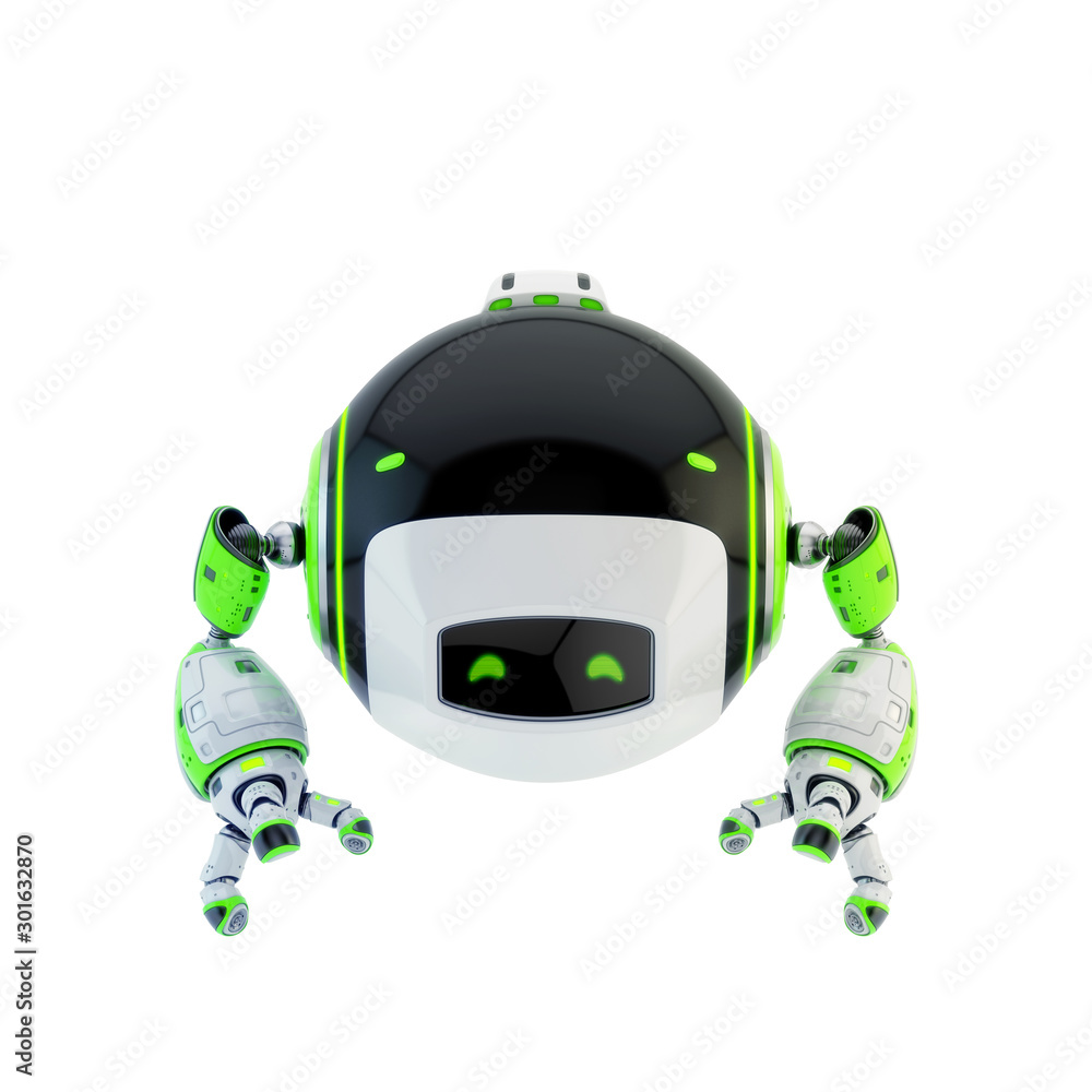 Poster aerial drone character with functional arms, 3d rendering