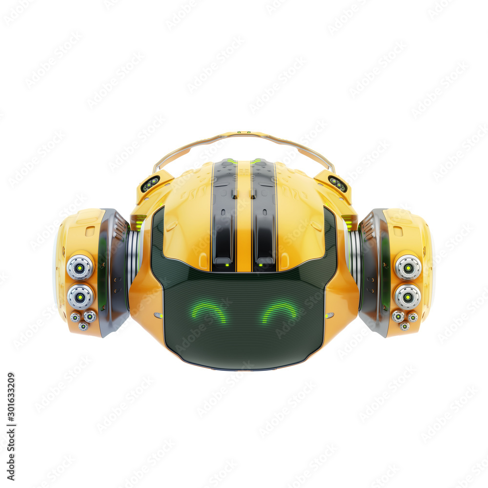 Poster red racing aerial drone character with grip, side 3d rendering