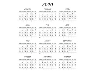 Simple calendar layout for 2020 years with horizontal and vertical dividing lines. Week starts from Sunday. Calendar design in black and white colors. Vector illustrations