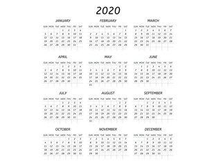 Simple calendar layout for 2020 years with horizontal and vertical dividing lines. Week starts from Sunday. Calendar design in black and white colors. Vector illustrations