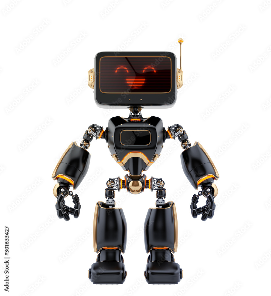 Poster black retro robotic toy with digital screen, 3d rendering