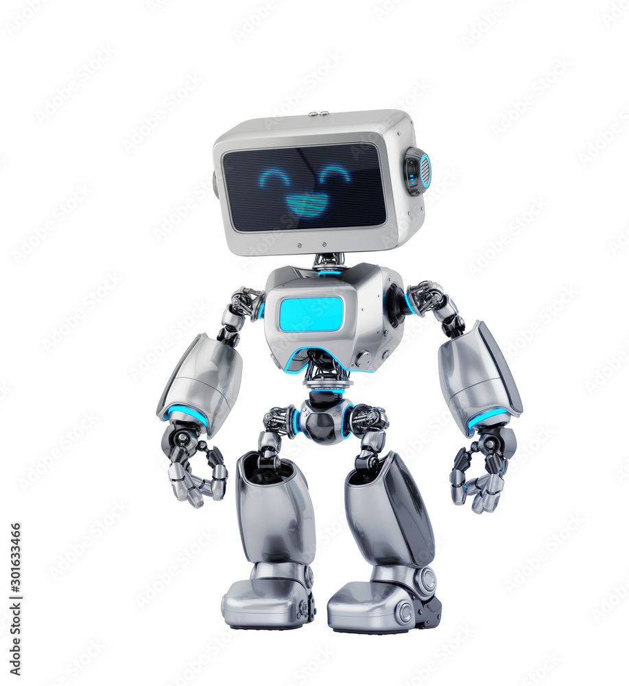 Poster silver retro robotic toy with digital screen, 3d rendering