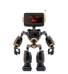 Black retro robotic toy with digital screen, 3d rendering