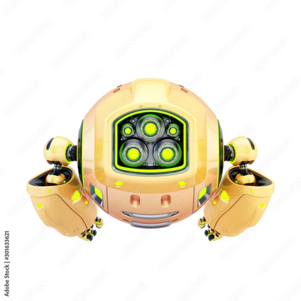 Poster aerial drone character with functional arms, 3d rendering