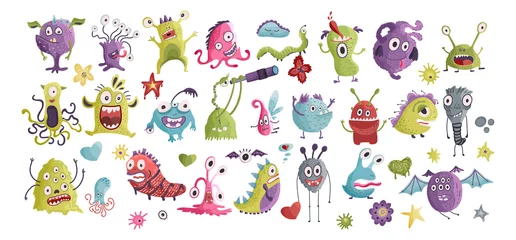Fotobehang Huge vector cute funny monster clip art hand drawn collection. Colorful comic ugly character set. © trihubova