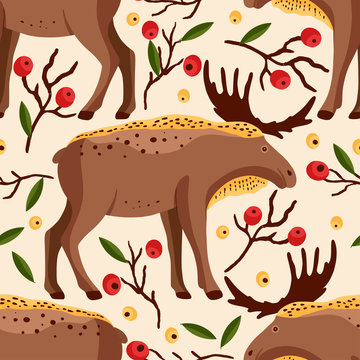 Cute cartoon forest moose vector animal art. Brown elk in a flat style. Amusing woodland Christmas seamless pattern.