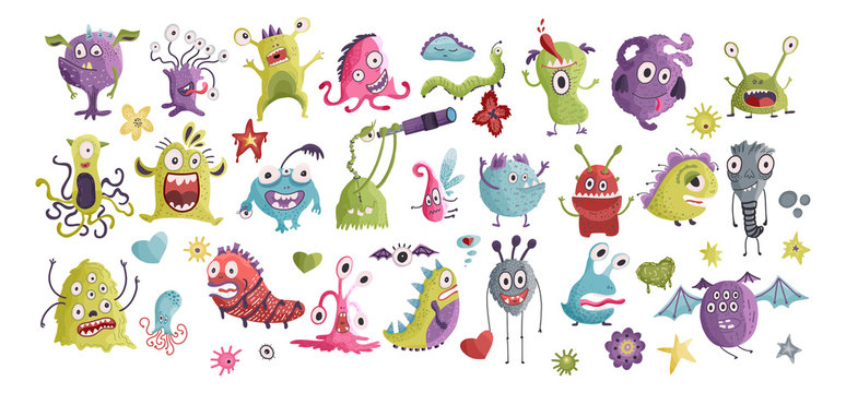 Huge vector cute funny monster clip art hand drawn collection. Colorful comic ugly character set.