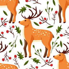 Seamless woodland vector pattern with cute forest deer animal in a flat style with red berries. Cartoon fawn funny design.