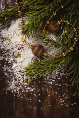 Overhead shoot of christmas tree bunch and decoration. Winter holidays background with copy space, flat lay, top view.