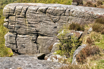 Curbar Gap and Frogatt Edge Hope Valley, Derbyshire Peak District - outdoors for rambling, hiking, and walking. Carboniferous stone boulders, heather and grit rock formations. 