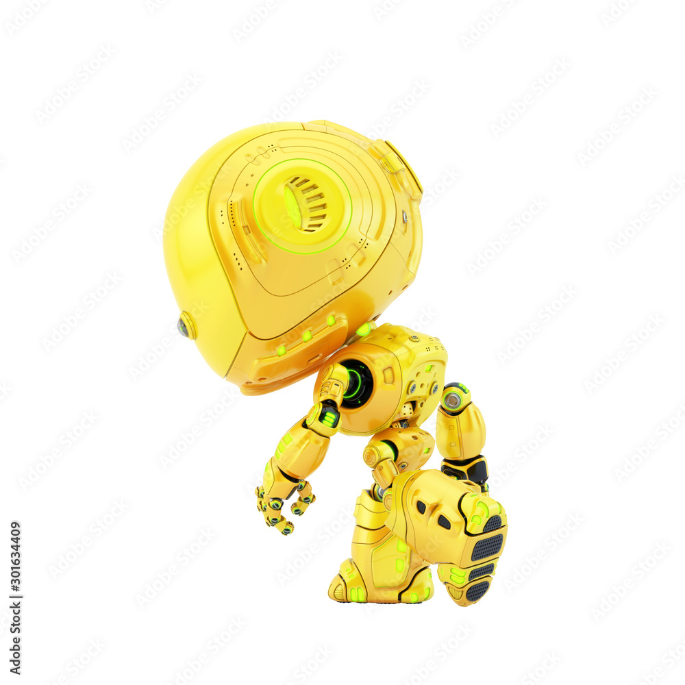 Poster bright yellow cyclops robot with one camera eye, 3d rendering