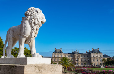 Beautiful view ornate lion statue at the Luxembourg Gardens during an autumn morning in Paris,...