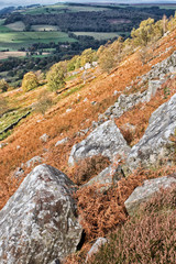 Curbar Gap and Frogatt Edge Hope Valley, Derbyshire Peak District - outdoors for rambling, hiking, and walking. Carboniferous stone boulders, heather and grit rock formations. 