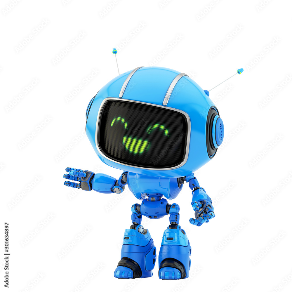 Poster cute smiling robot toy gesturing and showing something, 3d rendering