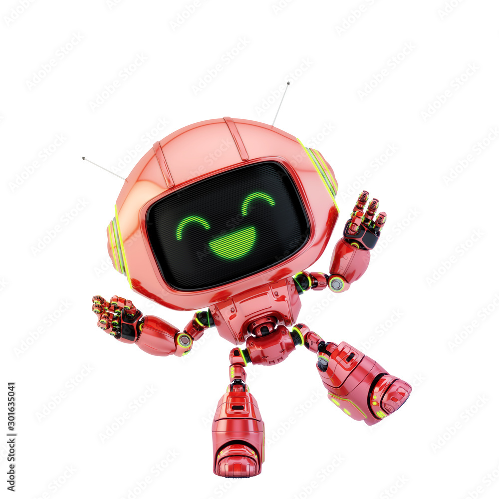 Poster cute smiling robot toy gesturing and showing something, 3d rendering