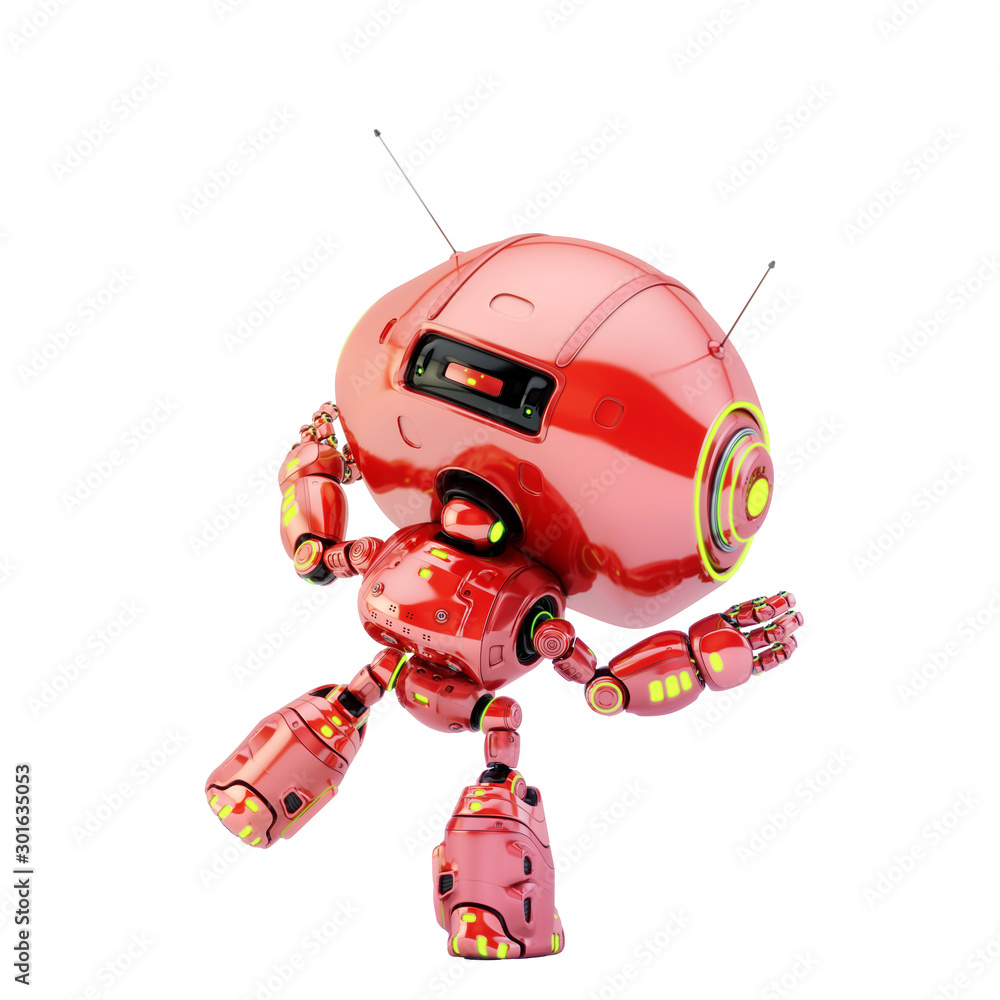 Poster cute smiling robot toy gesturing and showing something, 3d rendering