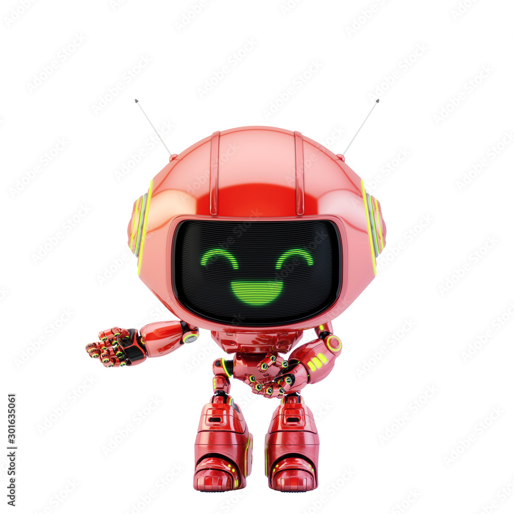 Poster cute smiling robot toy gesturing and showing something, 3d rendering