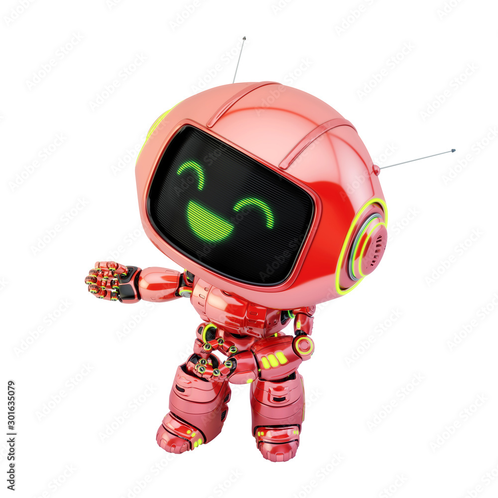 Poster cute smiling robot toy gesturing and showing something, 3d rendering