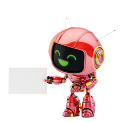 Cute smiling red robot toy holding blank poster, 3d rendering