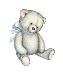 Hand drawn watercolor illustration of teddy bear. Great for old-fashioned designs, greeting cards  - 301635055