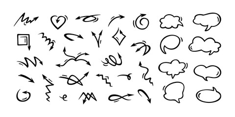 Arrows and clouds doodle. Vector design elements. Outline sketch drawing by hand.