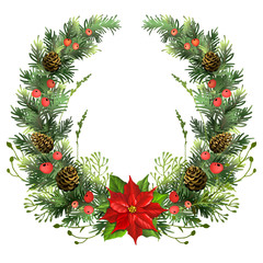 Christmas wreath with poinsettia, mistletoe leaves, fir branches and holly berries. Vector illustration.