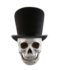 Human skull with extra tall black vintage top hat isolated on white background