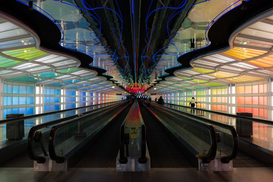 Colorful Moving Walkway of United Airlines Terminal 1 at O'Hare International Airport in Chicago
